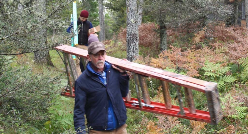 Two people carrying ladders walk through a wooded area during a service project with Outward Bound.